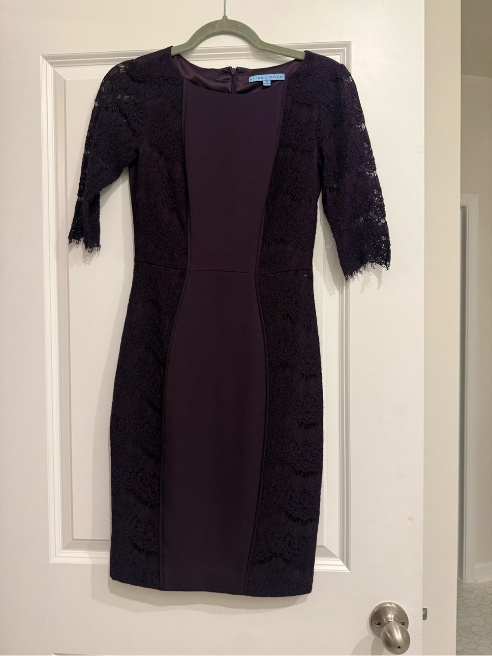 ANTONIO MELANI Dark Purple Lace-Panel Sheath Midi Dress